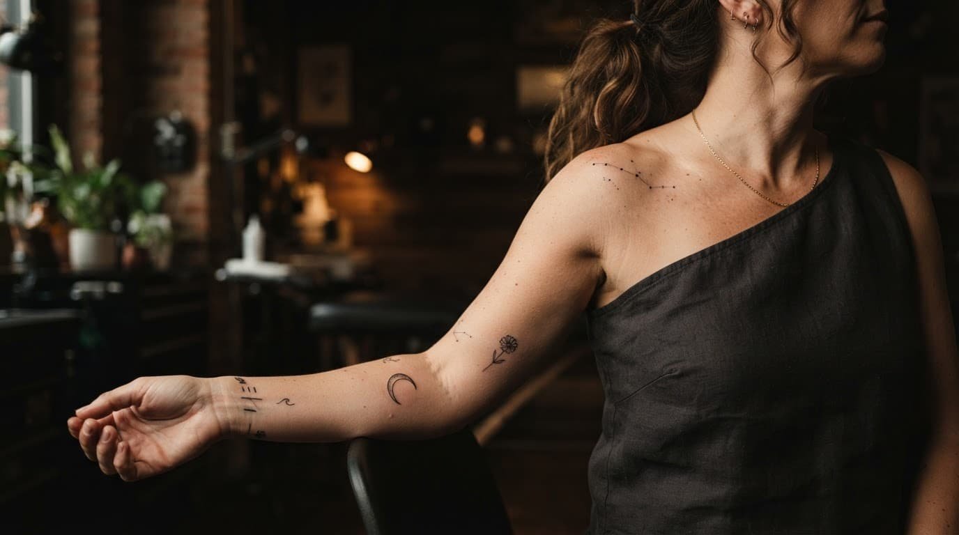 A woman's arm and shoulder display small symbolic tattoos in a dark studio.