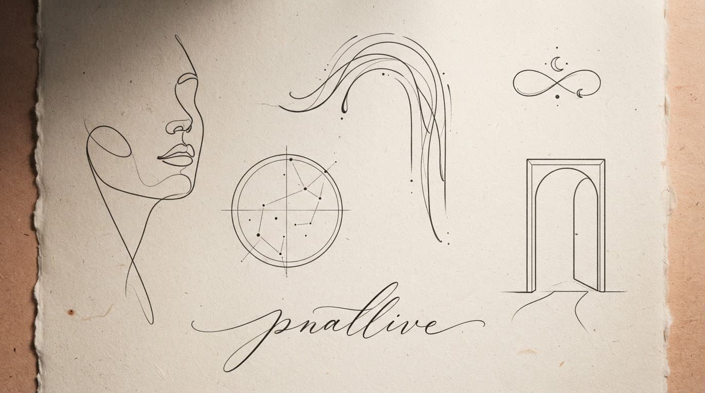 Fine-line tattoo sketches arranged on textured paper in a warm neutral palette.