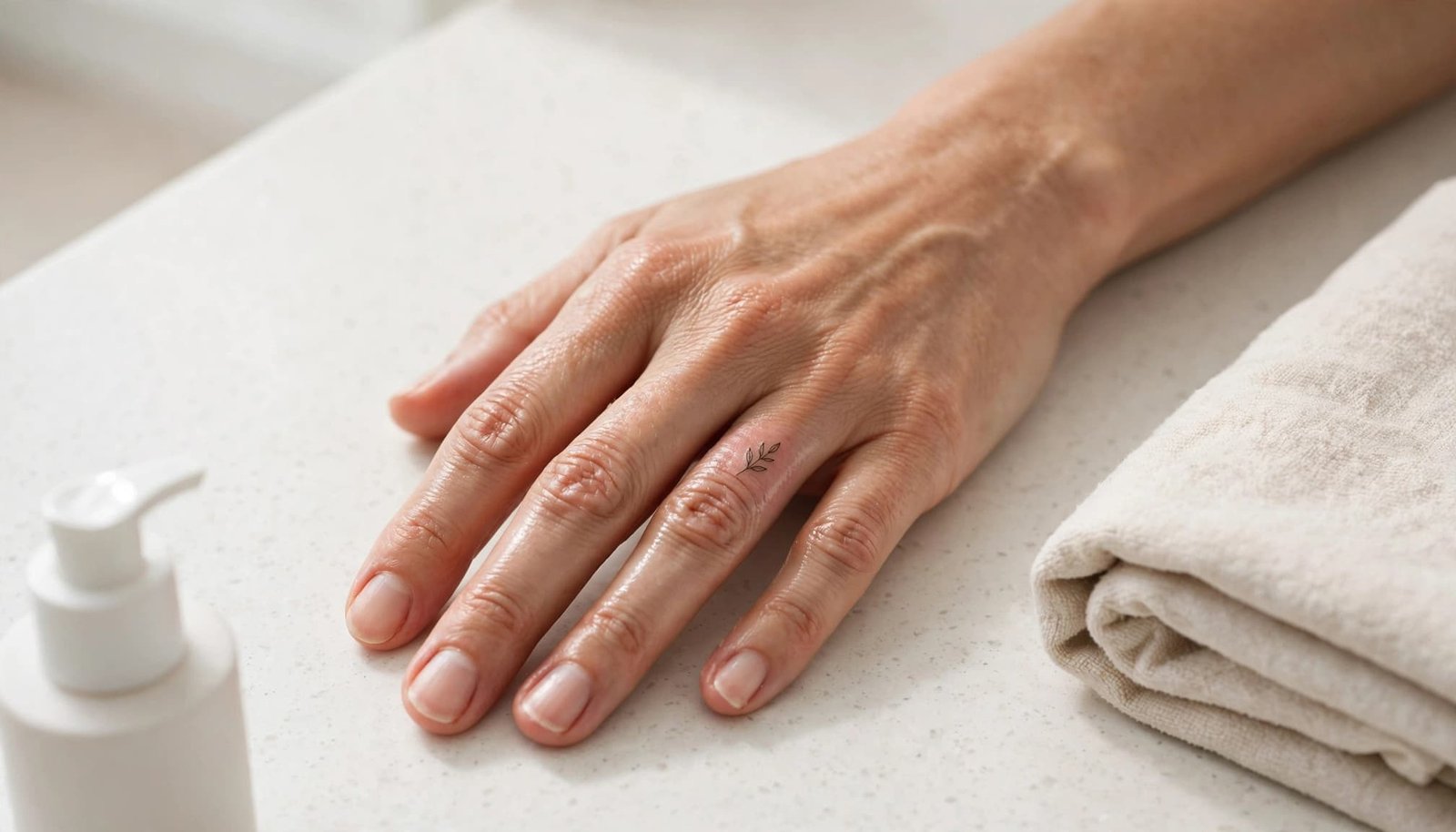 Relaxed hand showing a small finger tattoo beside a towel and moisturizer.