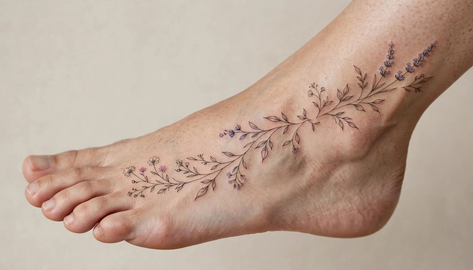 A fine-line floral vine tattoo follows one foot toward the ankle.