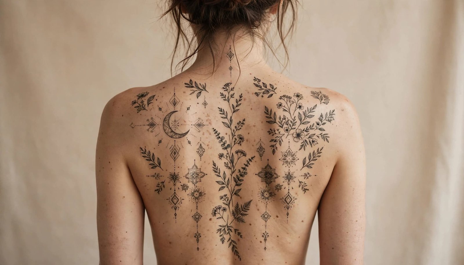 Woman seen from behind with a detailed floral and geometric tattoo across her back.