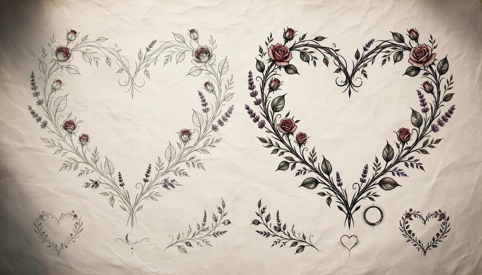 Botanical heart tattoo studies with roses, leaves, lavender, and blank central spaces.