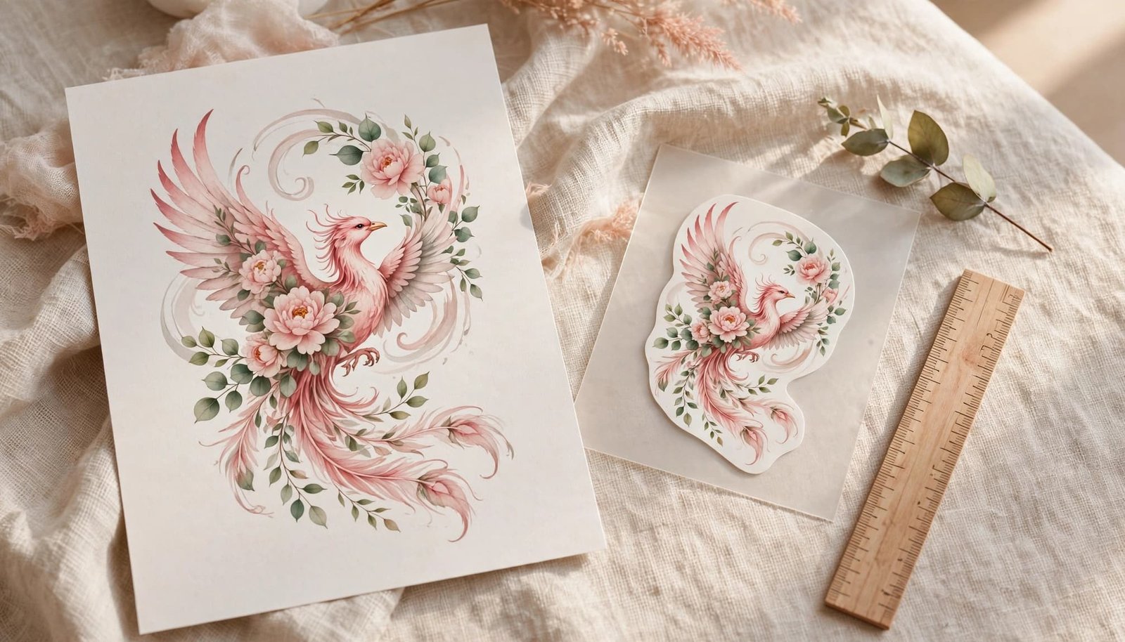 Floral phoenix design sheet beside a temporary tattoo and ruler.
