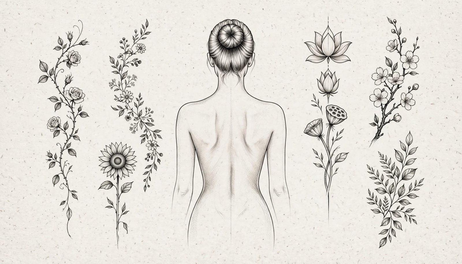 One back silhouette surrounded by six floral spine tattoo sketches.