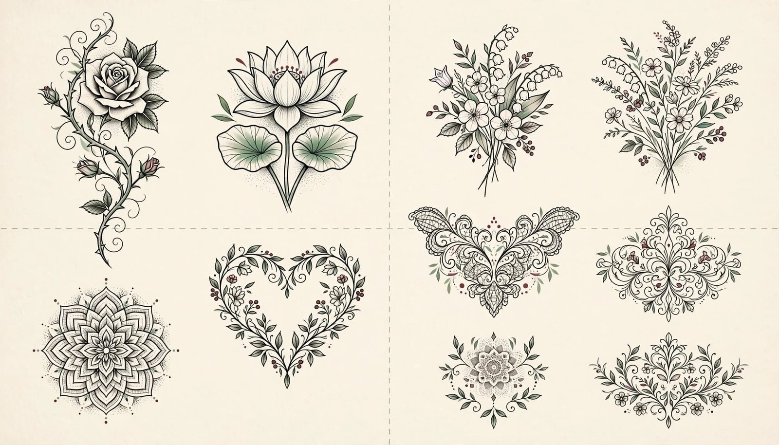 Floral sternum tattoo motifs arranged on a warm ivory background.