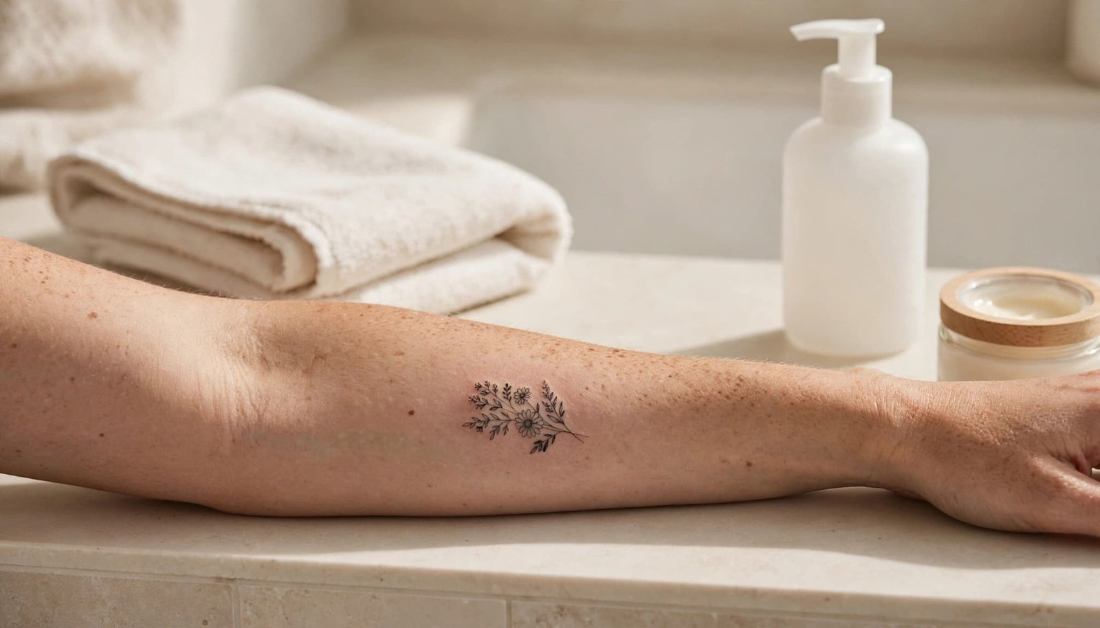 A tattooed forearm rests beside a towel, cleanser, and moisturizer in a bright bathroom.
