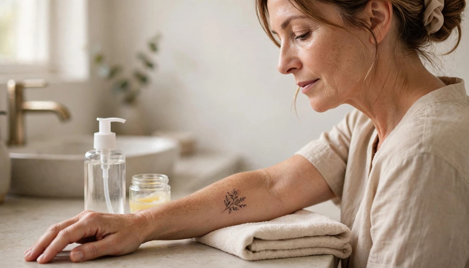 Woman caring for a small floral forearm tattoo beside cleanser and ointment.
