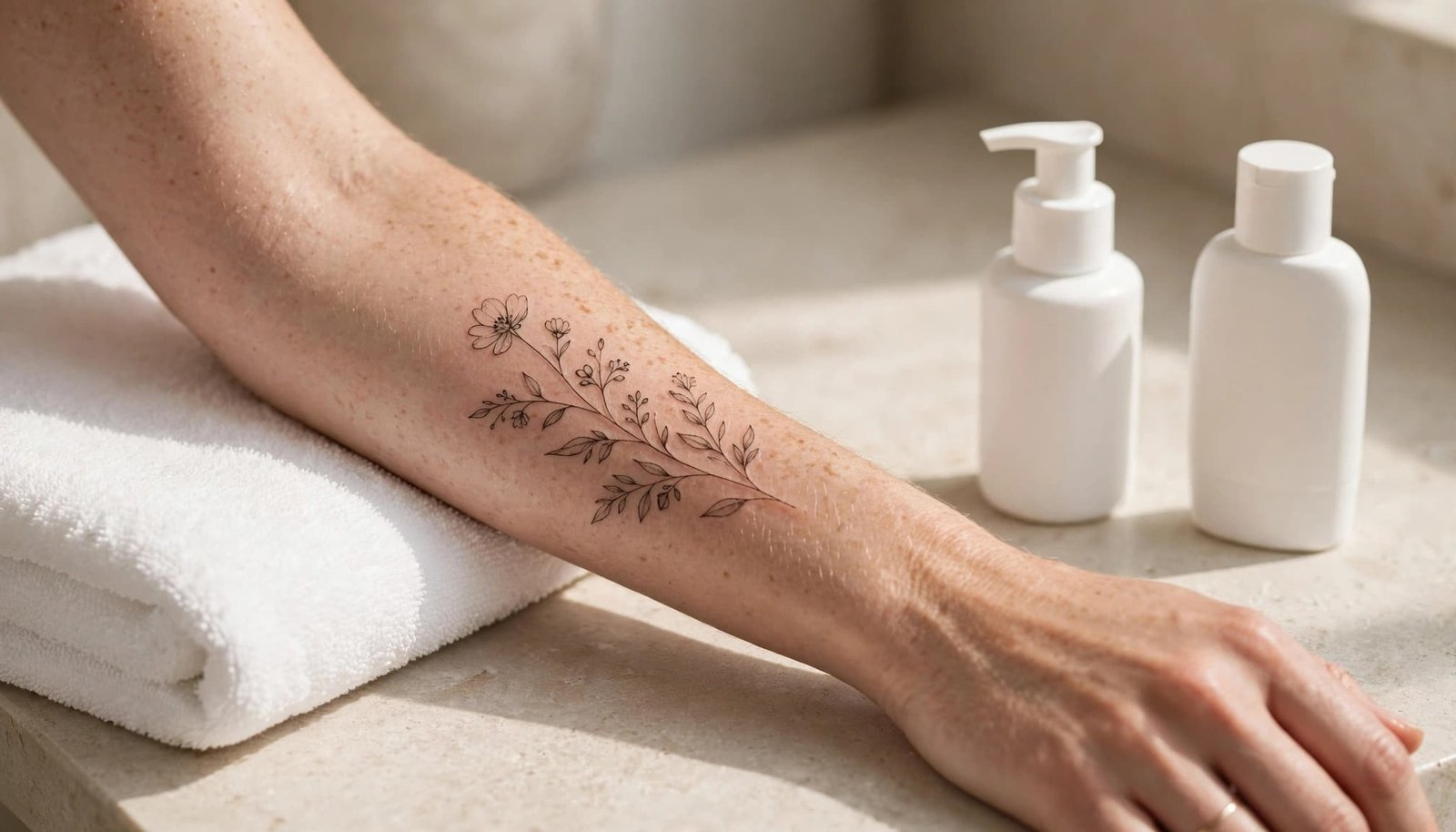 Healed floral tattoo beside moisturizer, sunscreen, and a folded white towel.