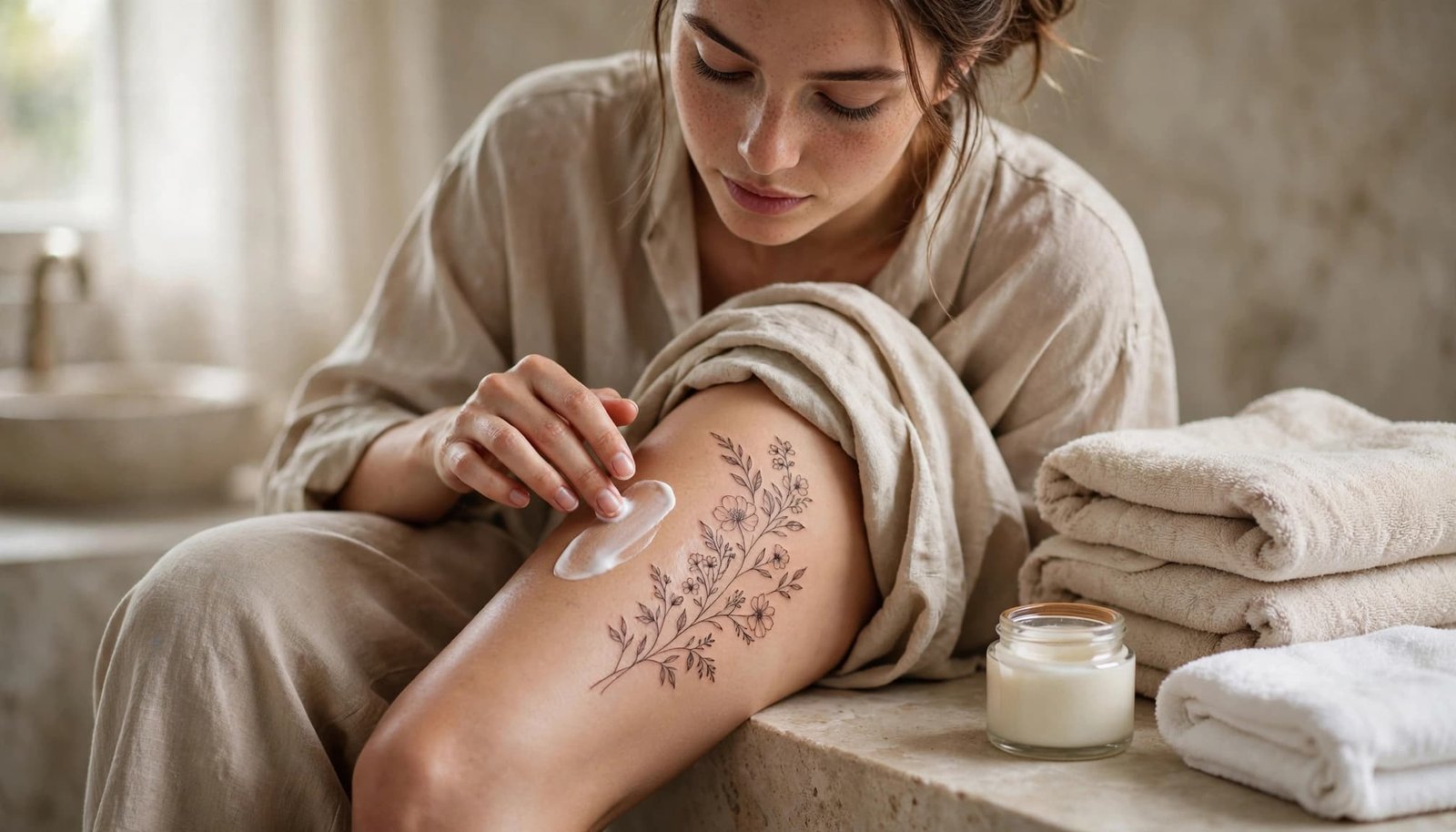 Person caring for a floral thigh tattoo beside moisturizer and clean towels.