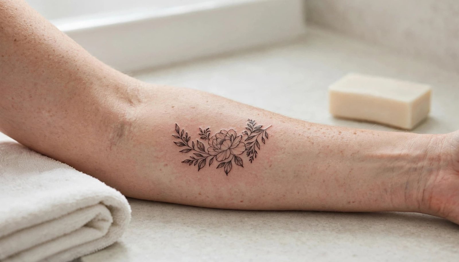 A forearm with a floral tattoo beside a folded towel and unscented soap.