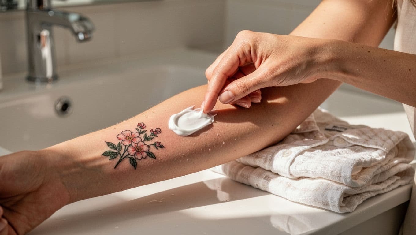 Woman moisturizing a small floral tattoo on her forearm beside a folded cotton shirt.