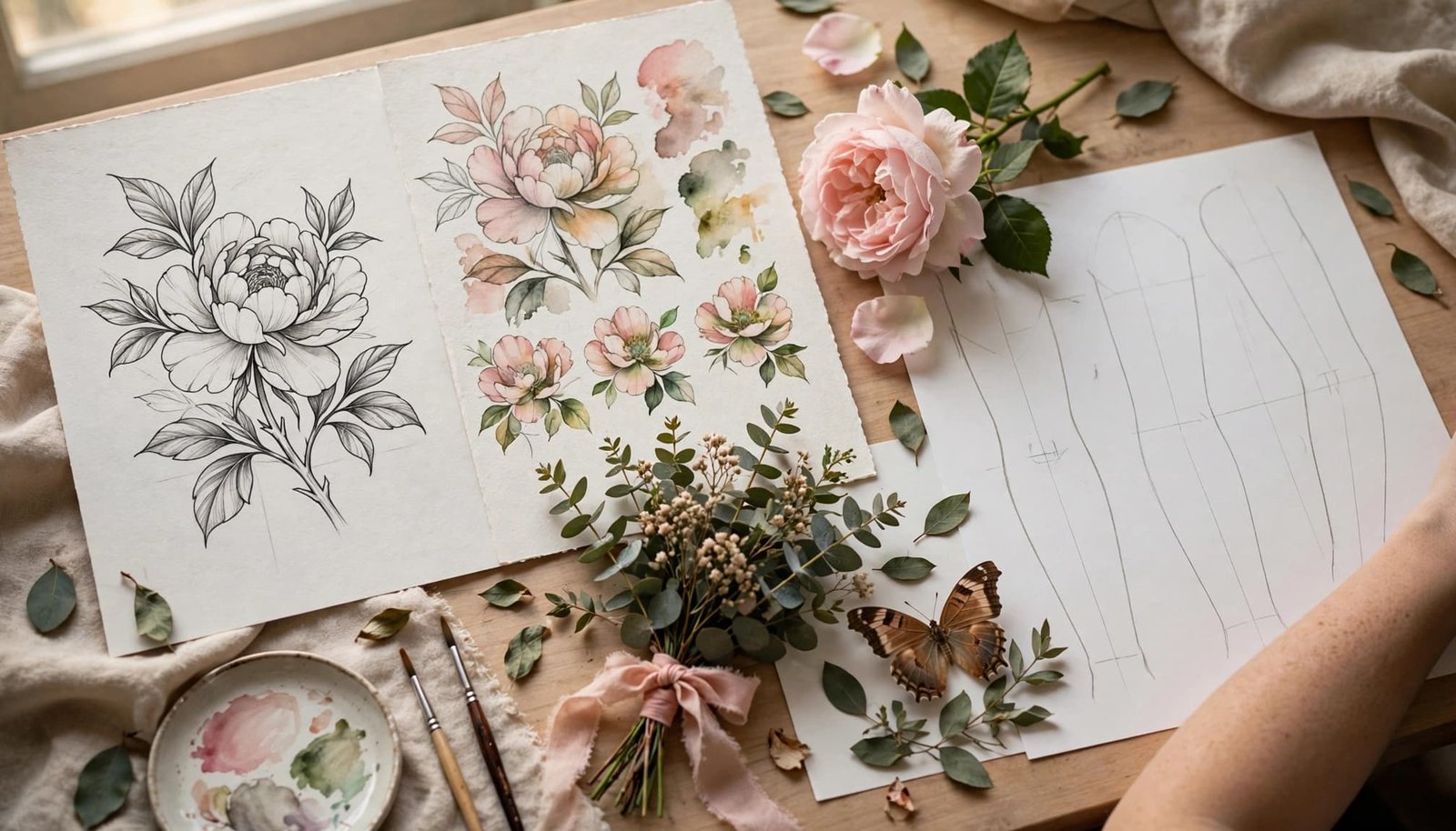 Floral tattoo sketches, flowers, leaves, and a butterfly arranged on a studio worktable.