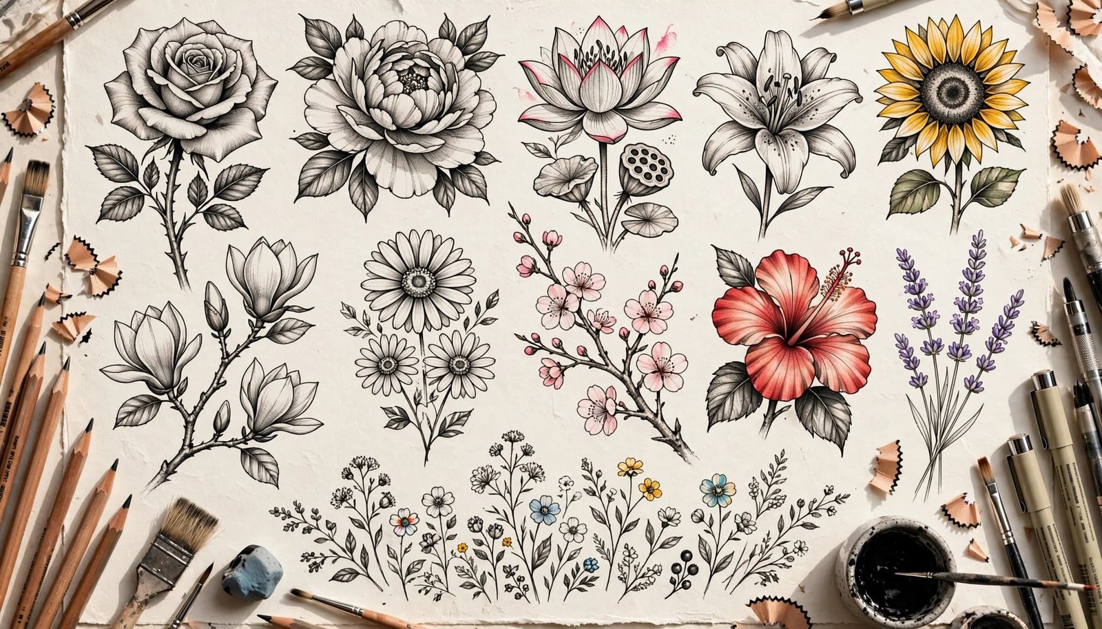Floral tattoo designs arranged on paper beside pencils and artist tools.