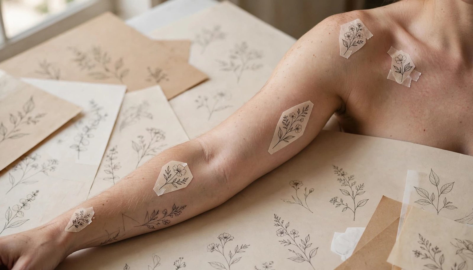 Floral tattoo designs are arranged across one forearm, shoulder, wrist, and collarbone.