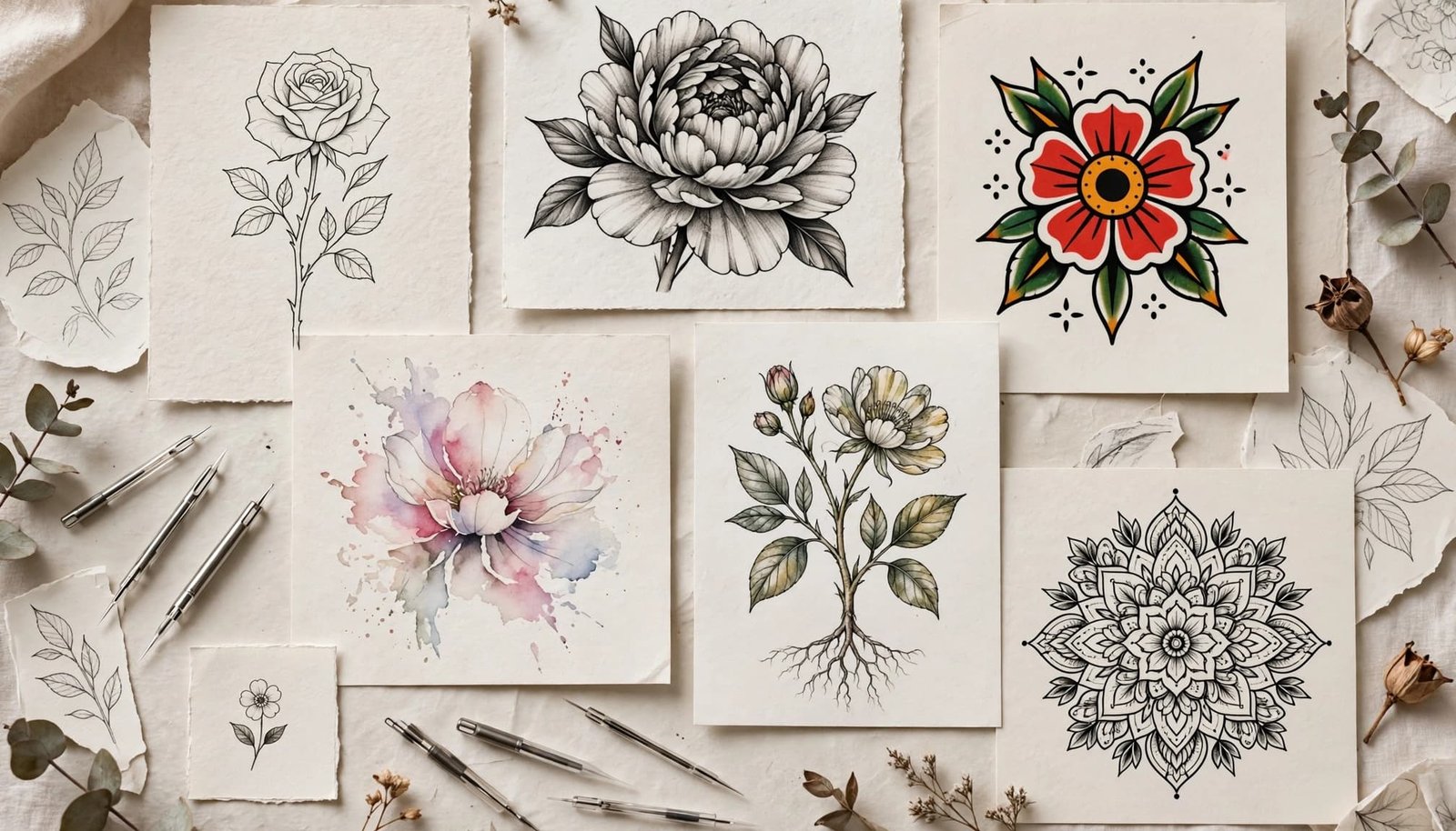 Floral tattoo samples and botanical sketches arranged beside tattoo needles on paper.