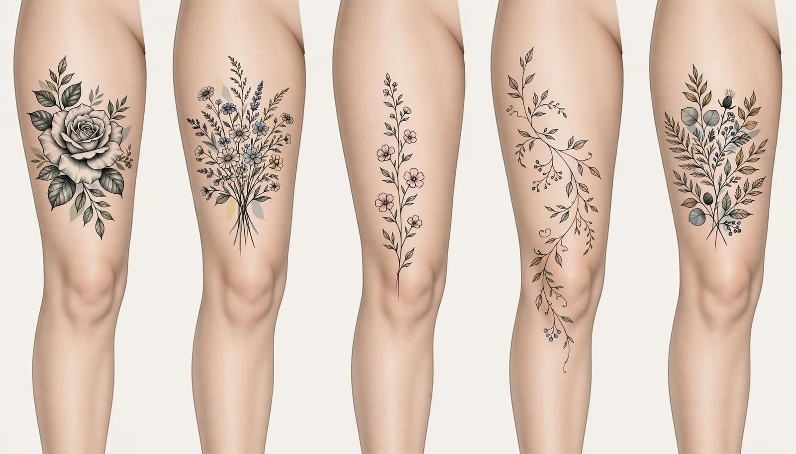 Five illustrated leg forms show different floral and botanical thigh tattoo designs.