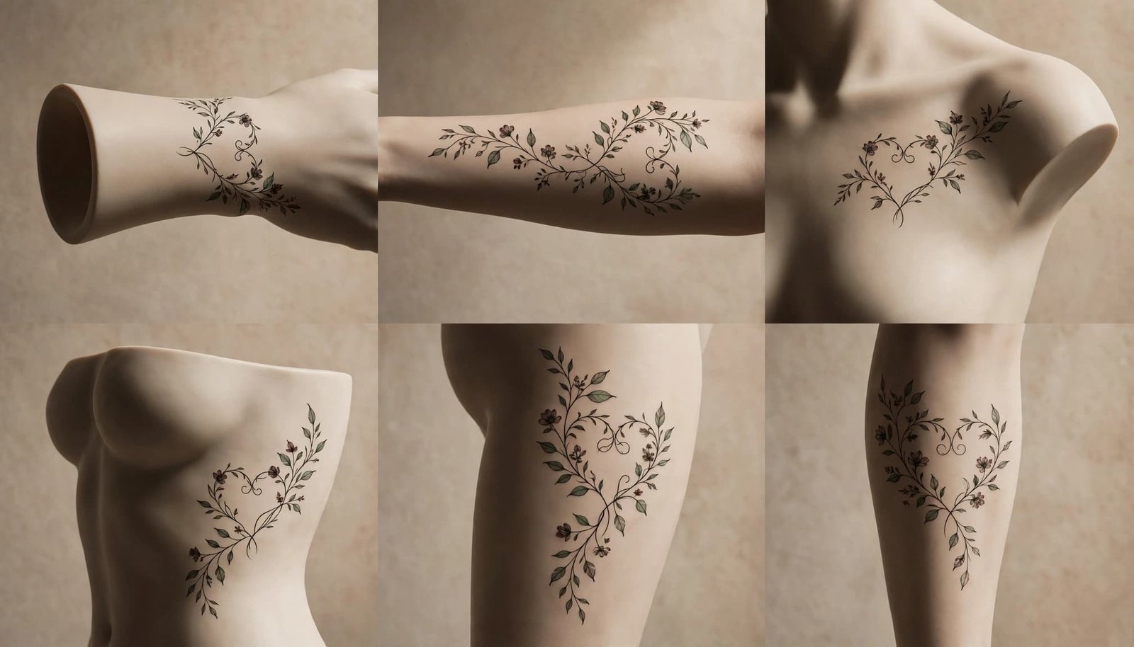 Floral vine heart tattoos shown in six body placement examples.