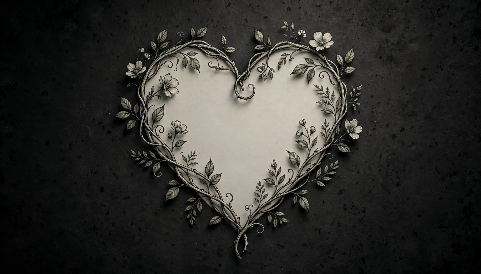A floral vine heart tattoo design with flowers, leaves, and an open center.