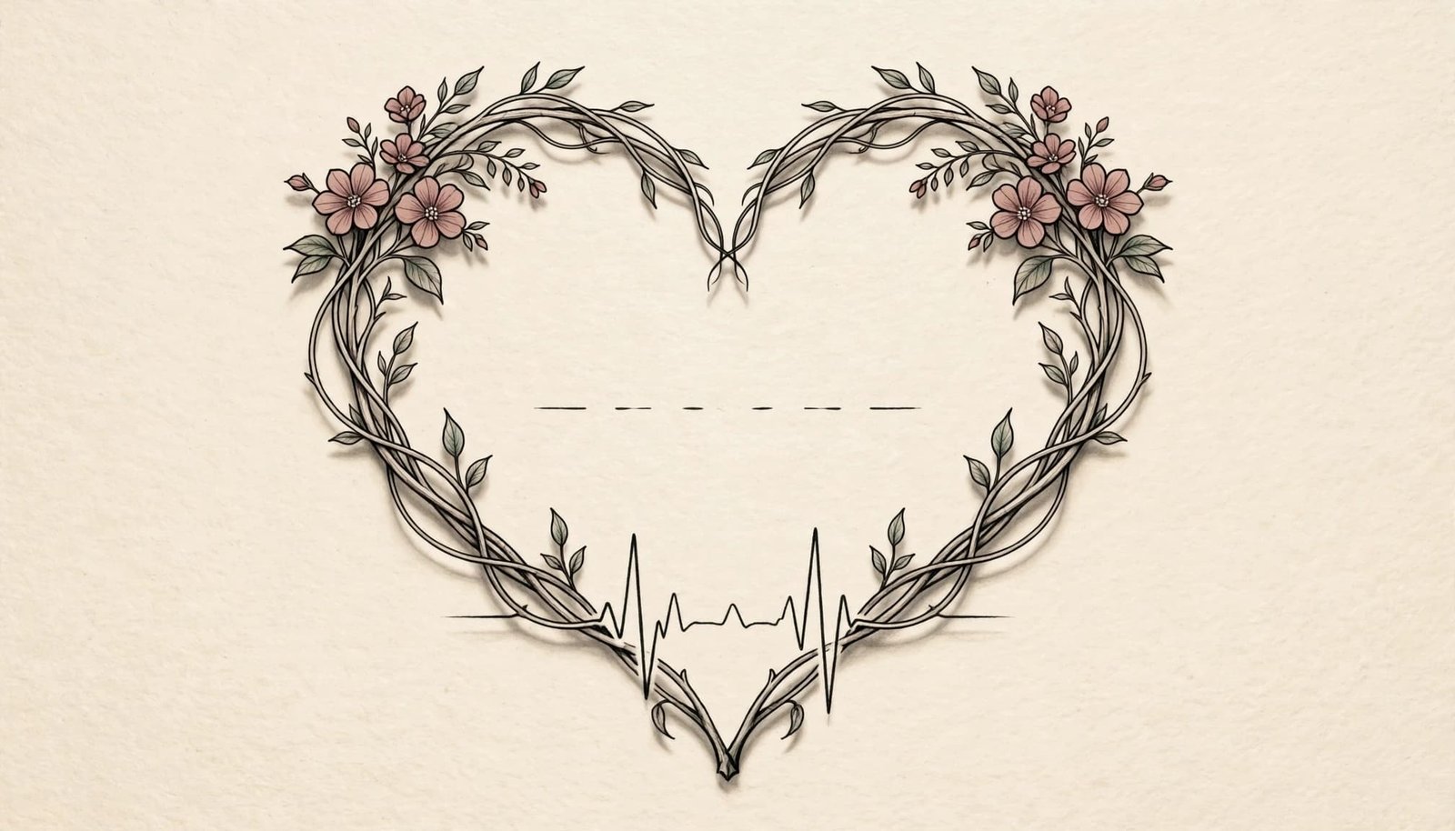 A floral vine heart frames centered placeholder lettering with a heartbeat line and small flowers.