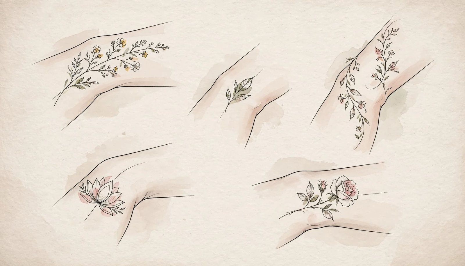Five delicate floral tattoo designs shown on neutral wrist silhouettes.