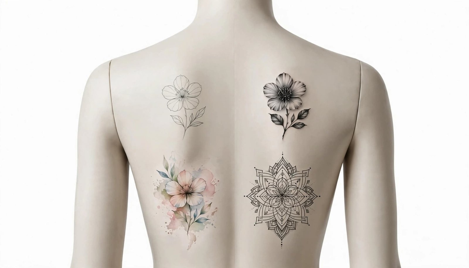 One mannequin back shows the same flower tattoo in four distinct styles.