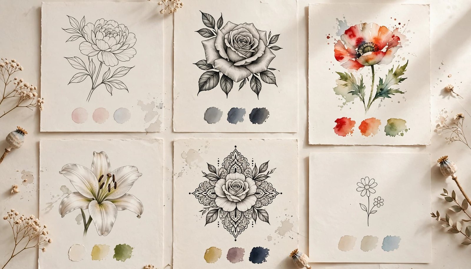 Flower tattoo sketches and color swatches arranged on ivory paper.