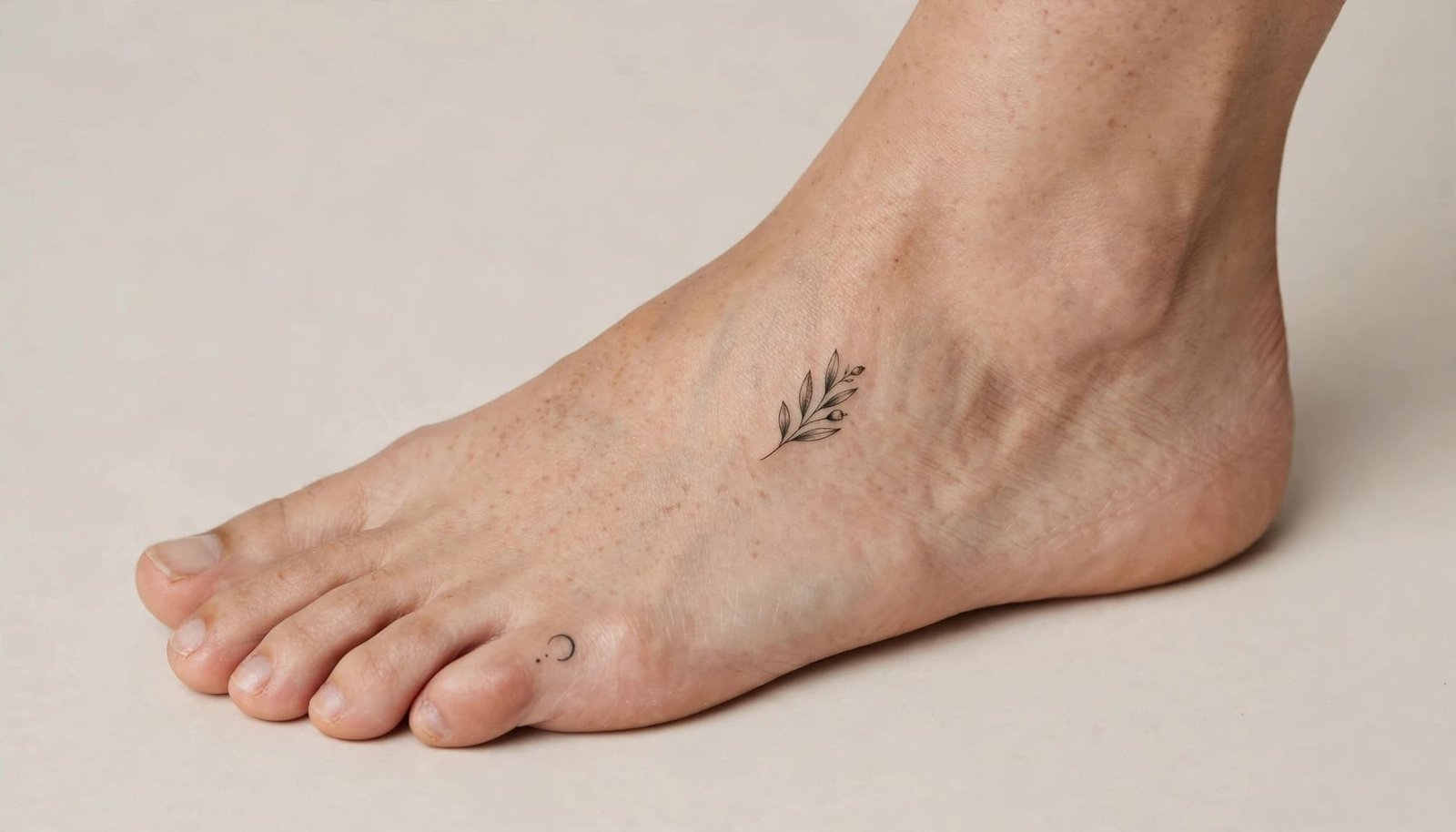 One foot showing a botanical tattoo on top and a small symbol along the outer edge.