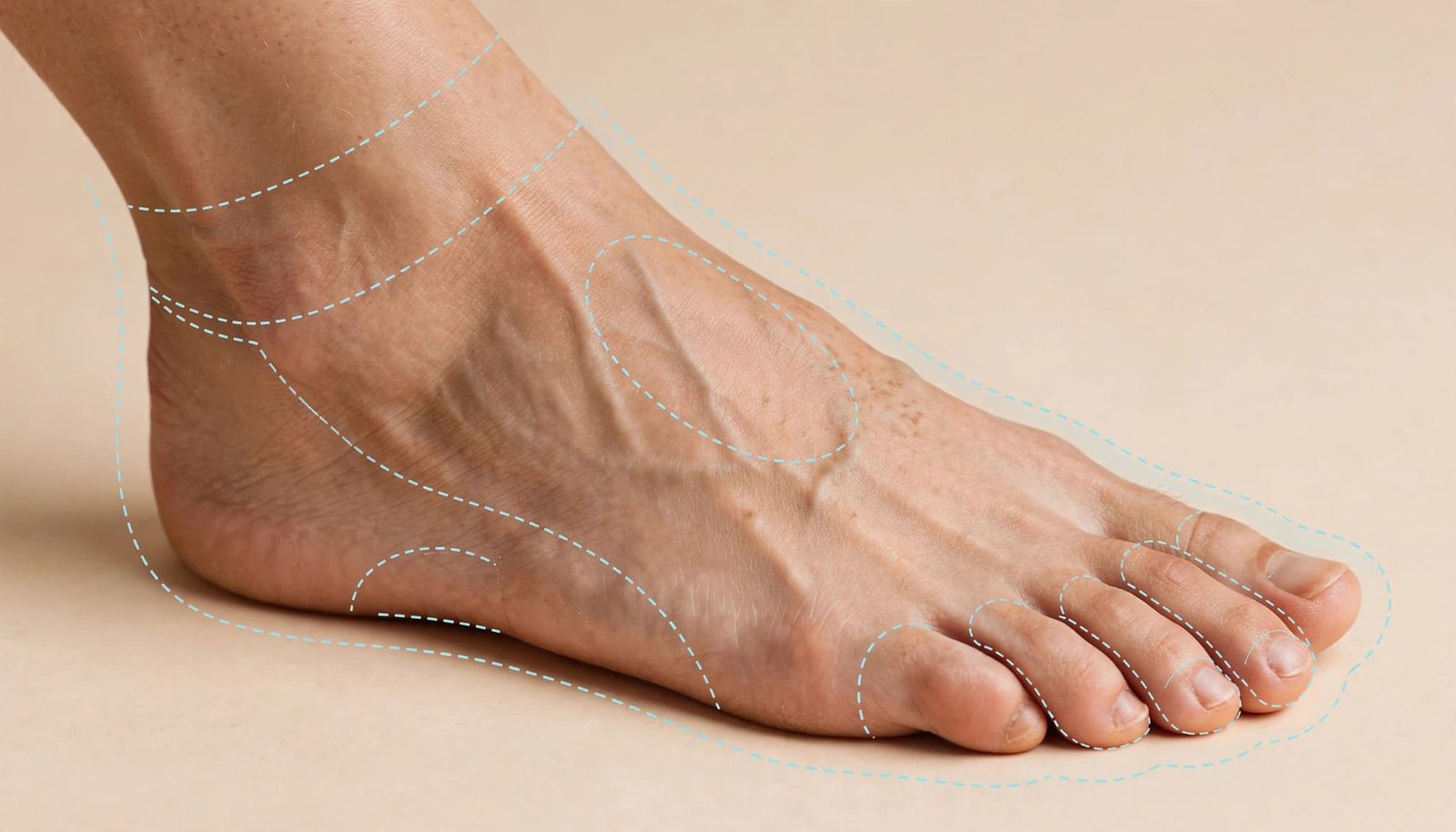 Bare foot showing outlined areas for tattoo placement.