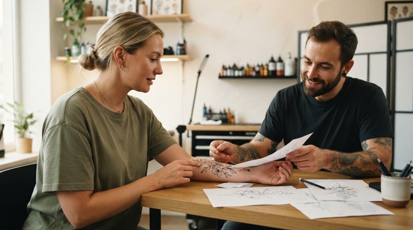 A woman and tattoo artist reviewing a forearm tattoo stencil in a clean studio.