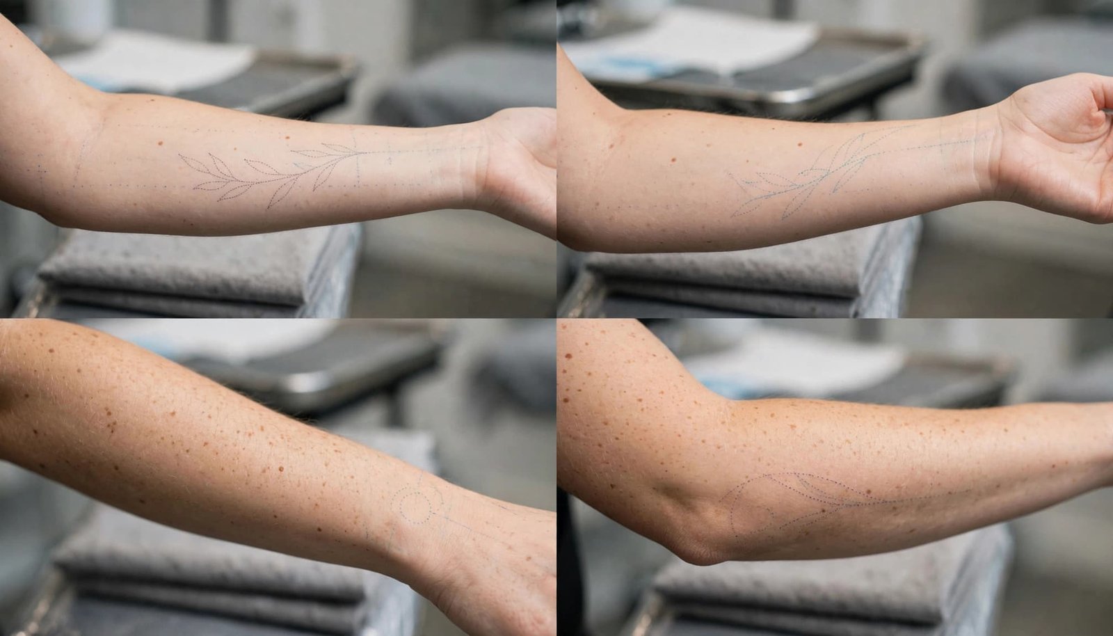Woman's forearm shown from multiple angles with subtle tattoo placement guides.
