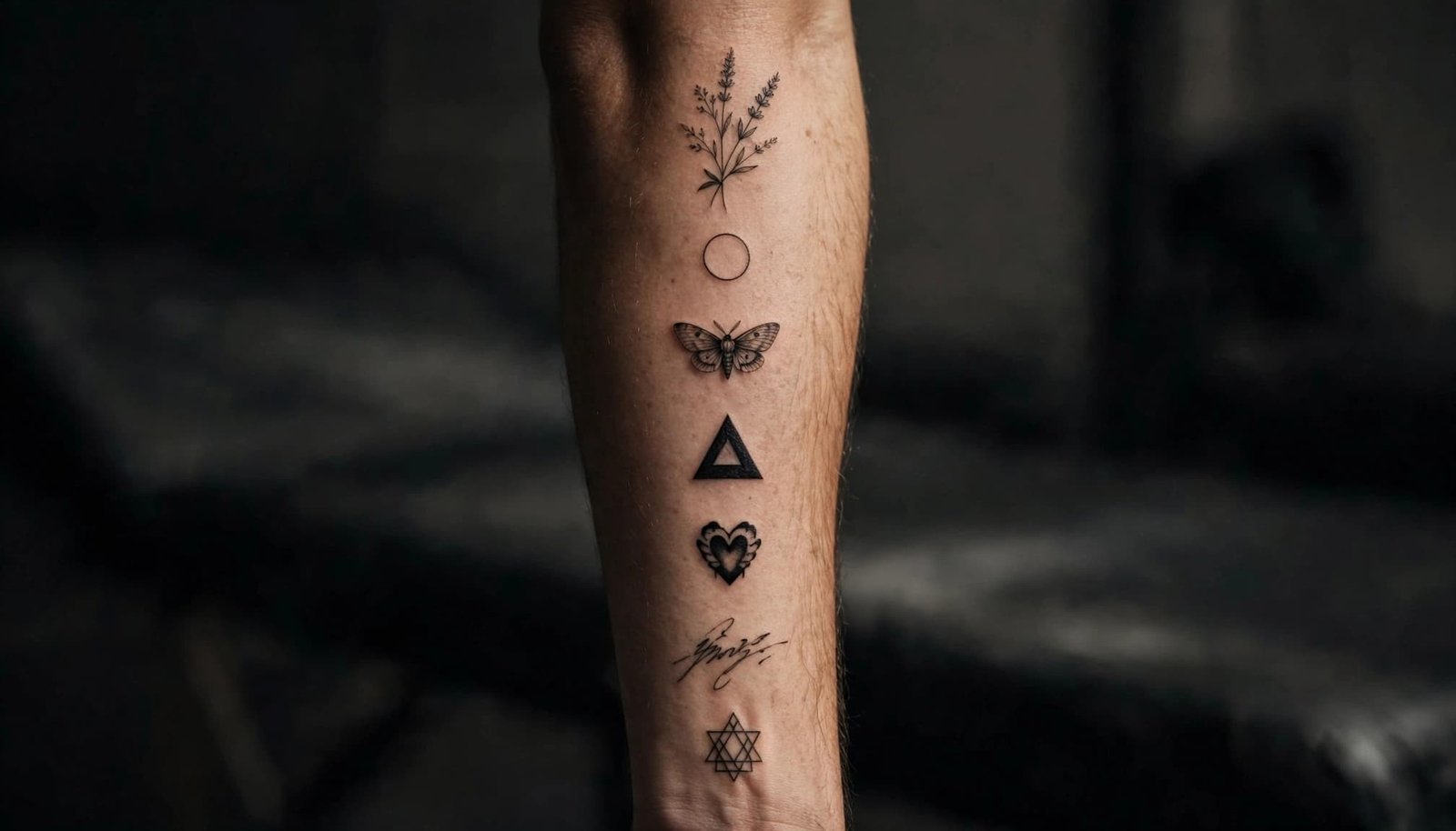 Forearm showing seven small tattoo styles in a neutral studio.