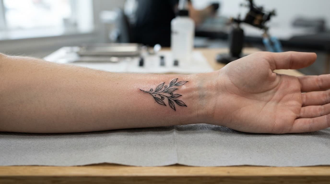 Close-up of a fresh botanical tattoo on a slightly red wrist.