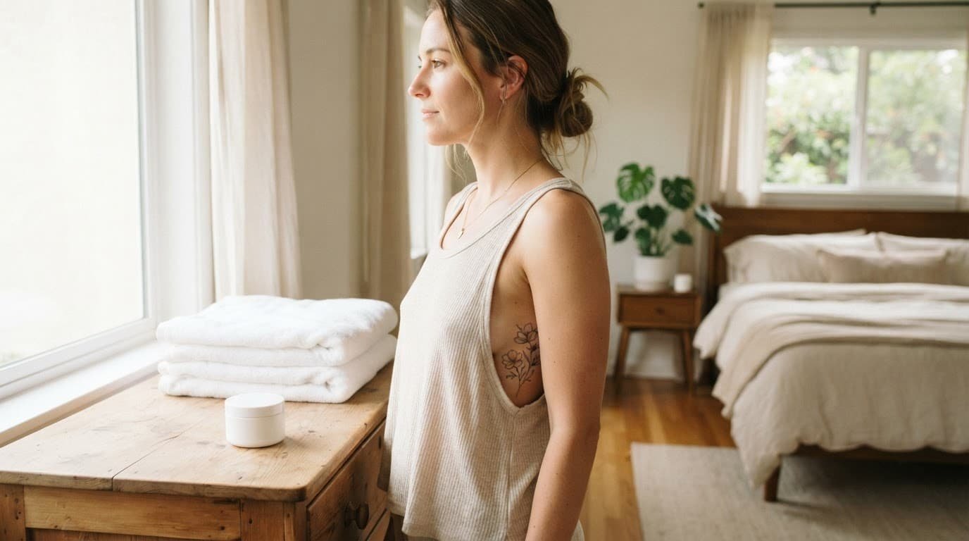 Woman in a neutral tank top beside towels and moisturizer in a bright bedroom.