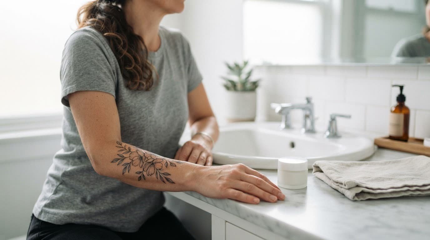 Woman rests a freshly tattooed forearm beside a clean sink, towel, and moisturizer.
