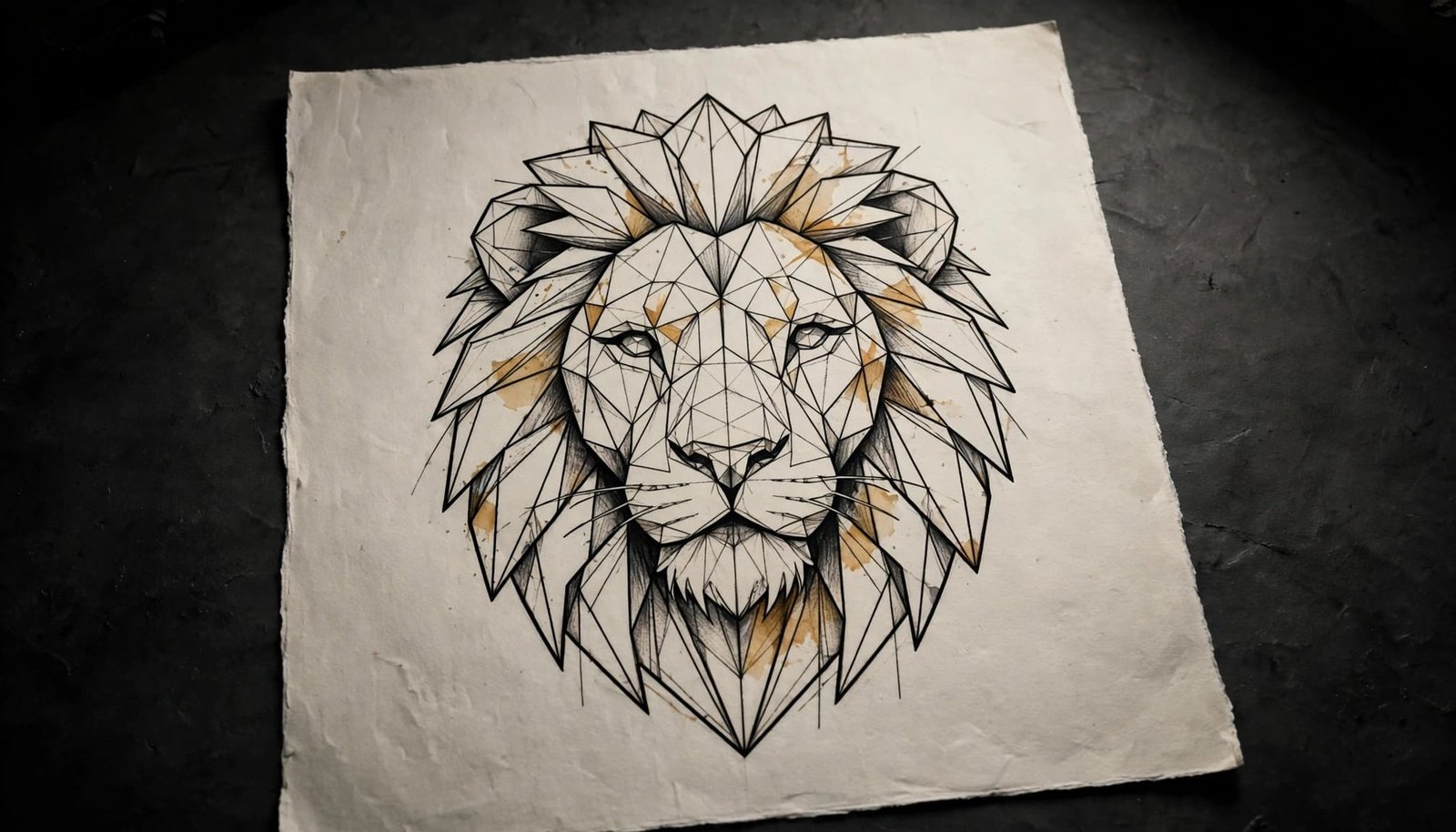 Faceted lion tattoo design with bold lines and warm ochre accents on a sketch sheet.