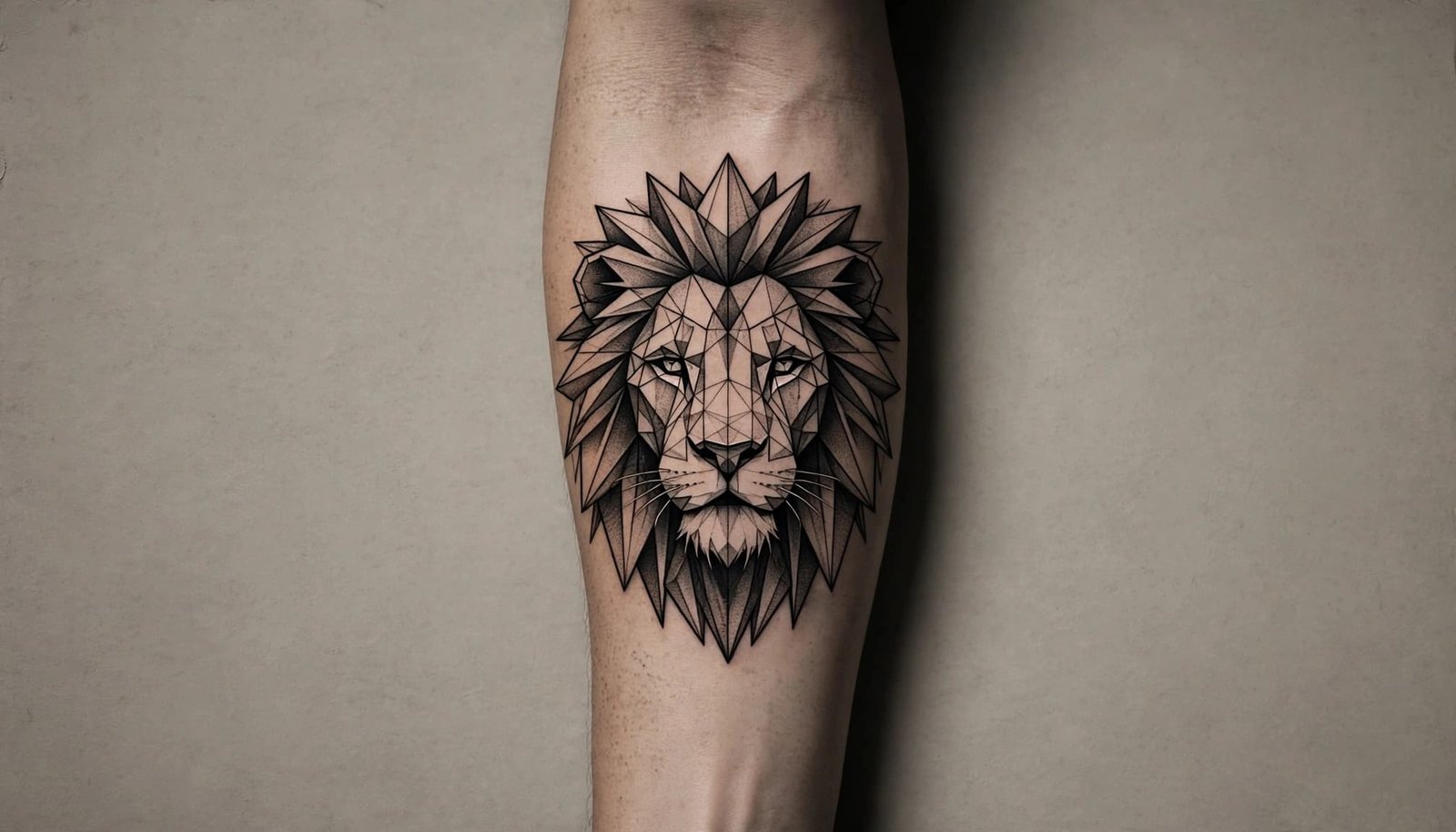 A geometric lion tattoo with an angular mane on a forearm reference sheet.