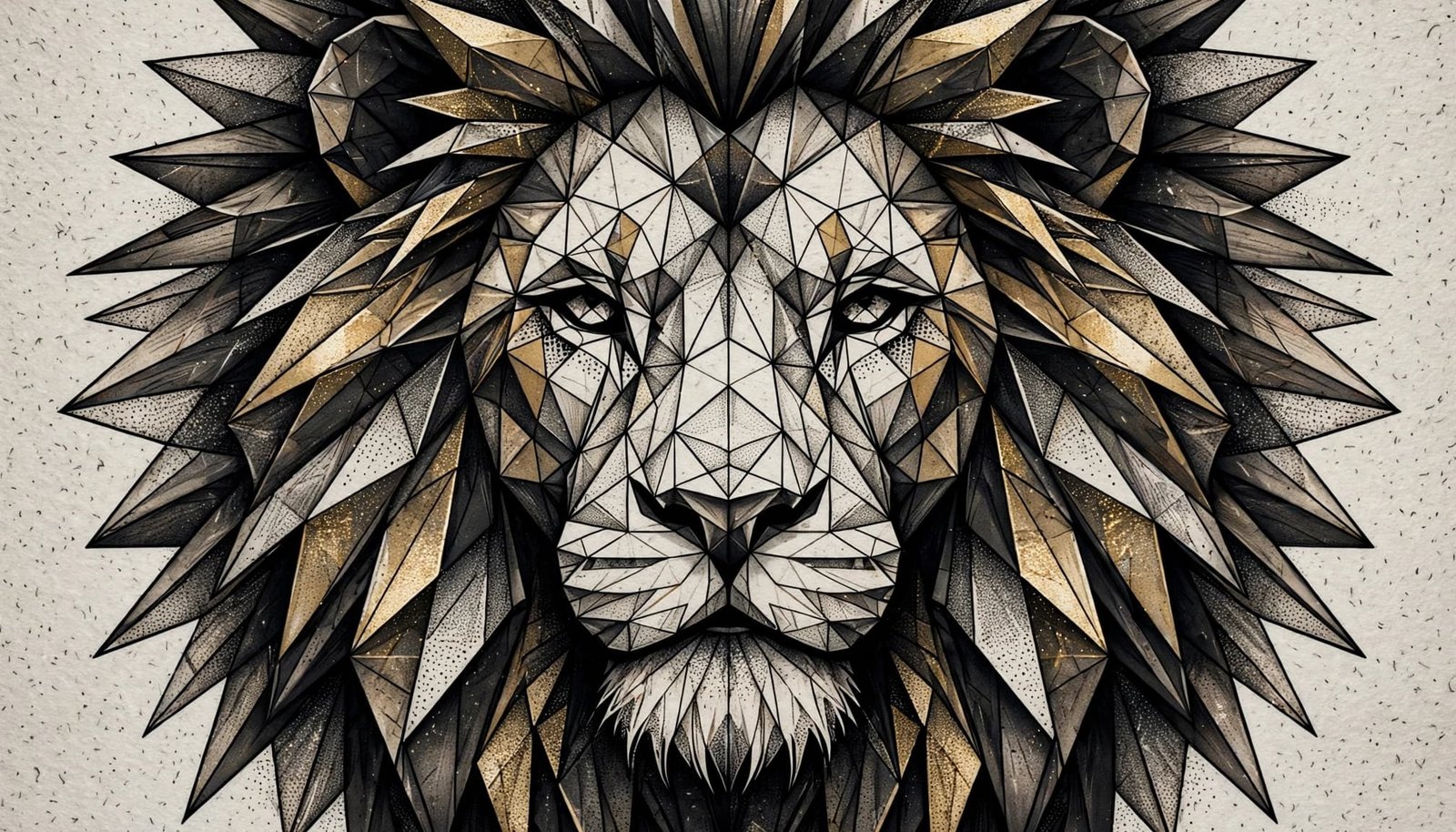 Symmetrical geometric lion tattoo in blackwork with angular mane facets on neutral paper.