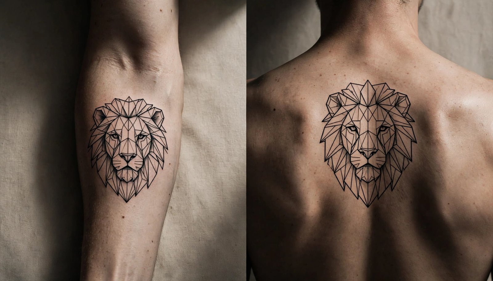 Geometric lion tattoo designs shown on a forearm and upper back.