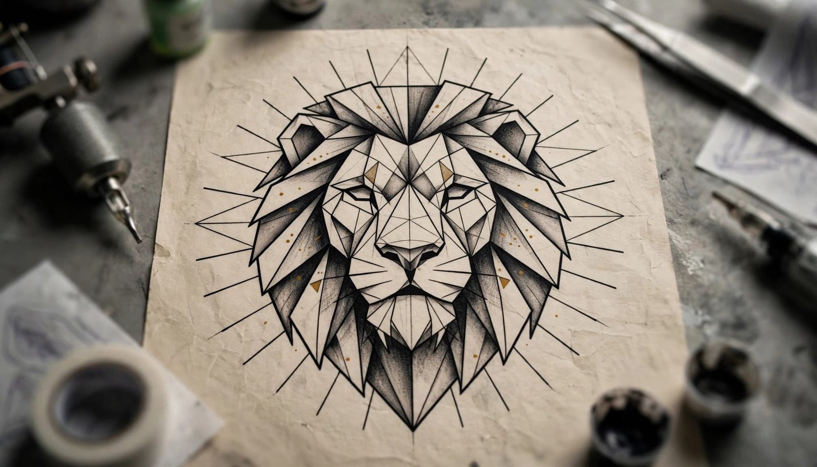 Geometric lion tattoo design with bold lines and open spacing on a neutral reference sheet.