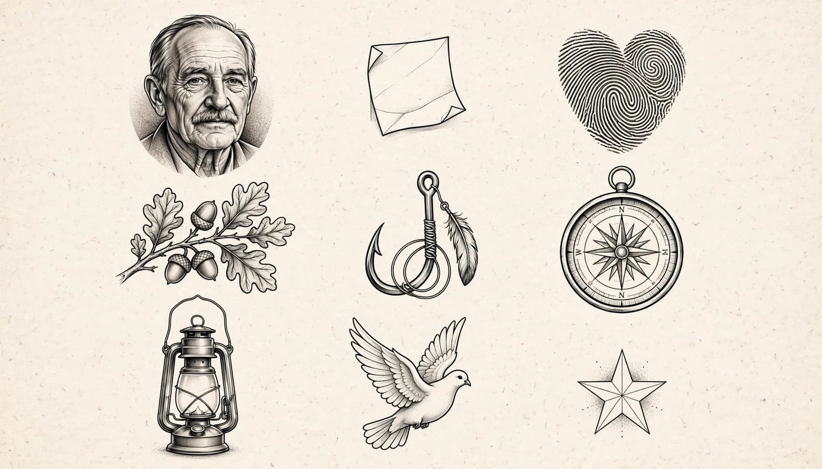 Memorial tattoo motifs include a portrait, fingerprint heart, compass, lantern, dove, and oak branch.