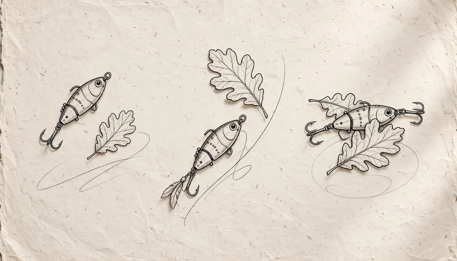Three memorial tattoo sketches feature a fishing lure, oak leaf, and handwritten marks.