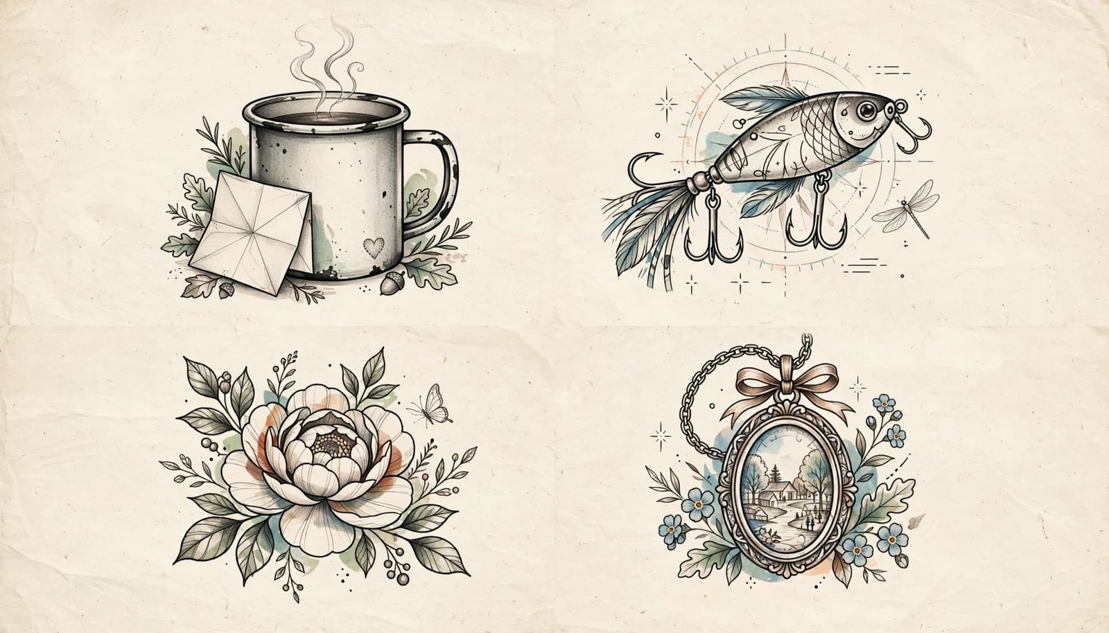 Four memorial tattoo sketches feature a mug, fishing lure, flower, and family photo detail.