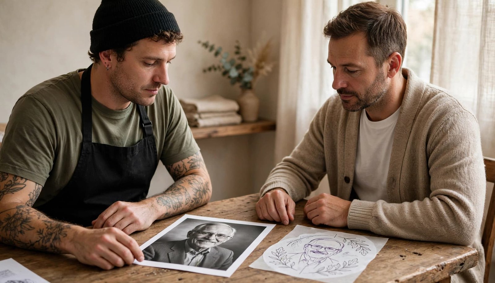 Artist and older client review a family photo and tattoo stencil at a studio table.