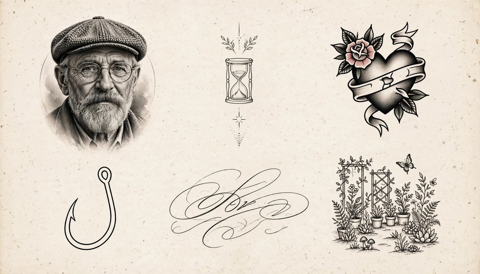 Six grandpa tribute tattoo designs arranged on a warm off-white flash sheet.