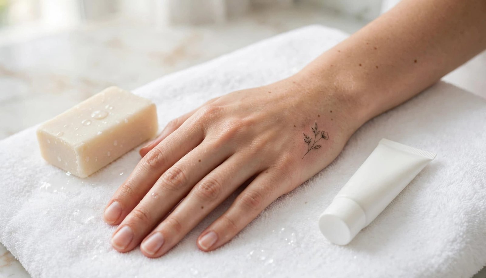 A freshly tattooed hand rests beside soap and moisturizer on a white towel.
