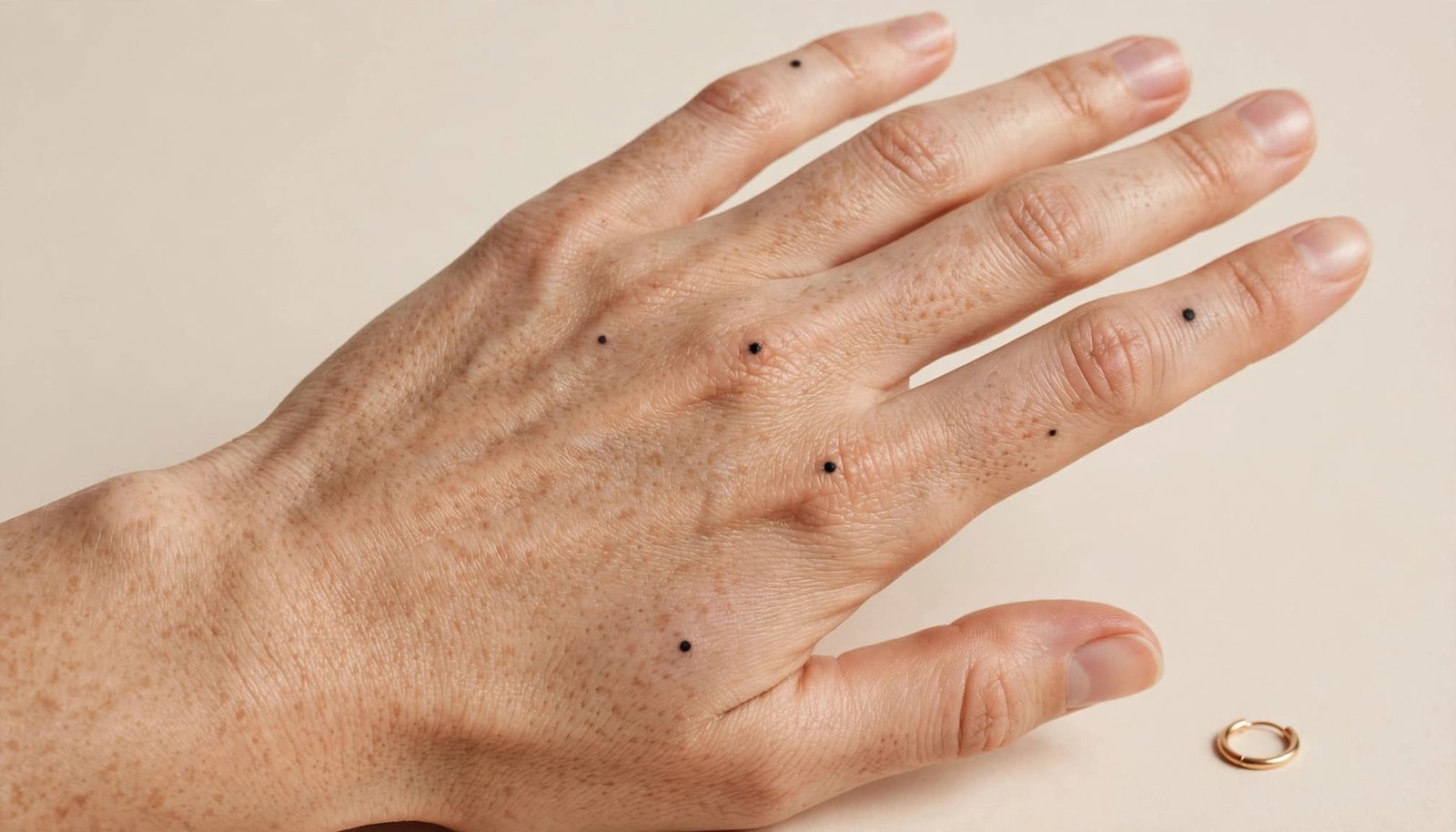 One hand with temporary tattoo placement marks on the fingers, knuckles, back, and palm.