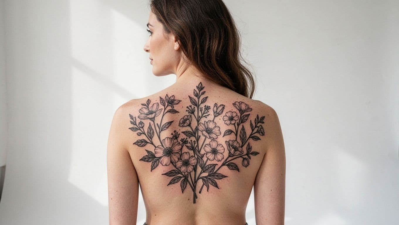 Woman showing a healed botanical tattoo across her upper back in a bright studio.