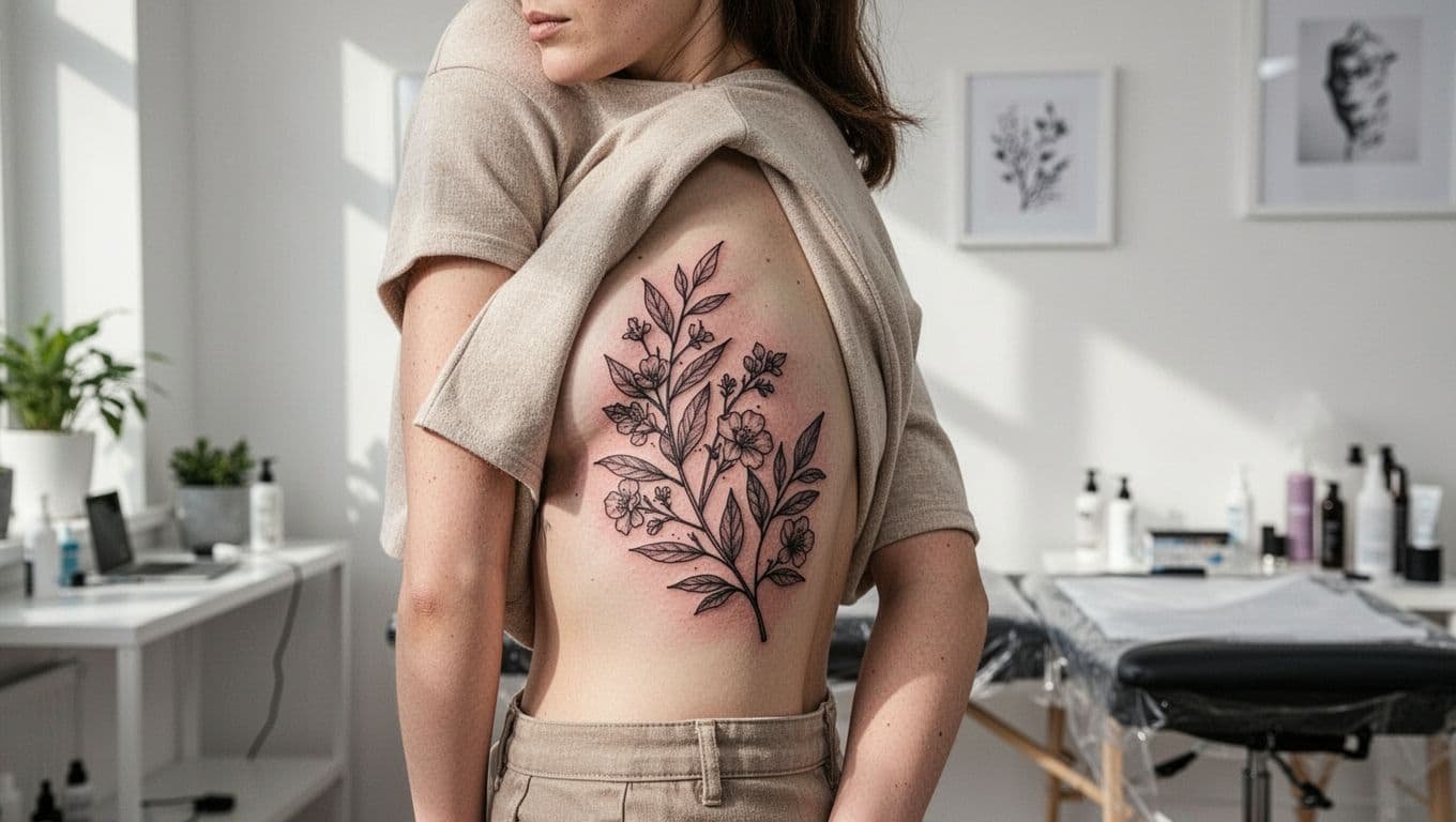 Woman in side profile showing a healed botanical tattoo along her ribs.