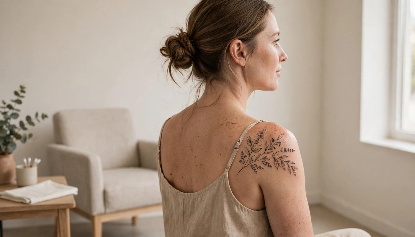 Woman showing a healed botanical shoulder tattoo in a bright tattoo studio.