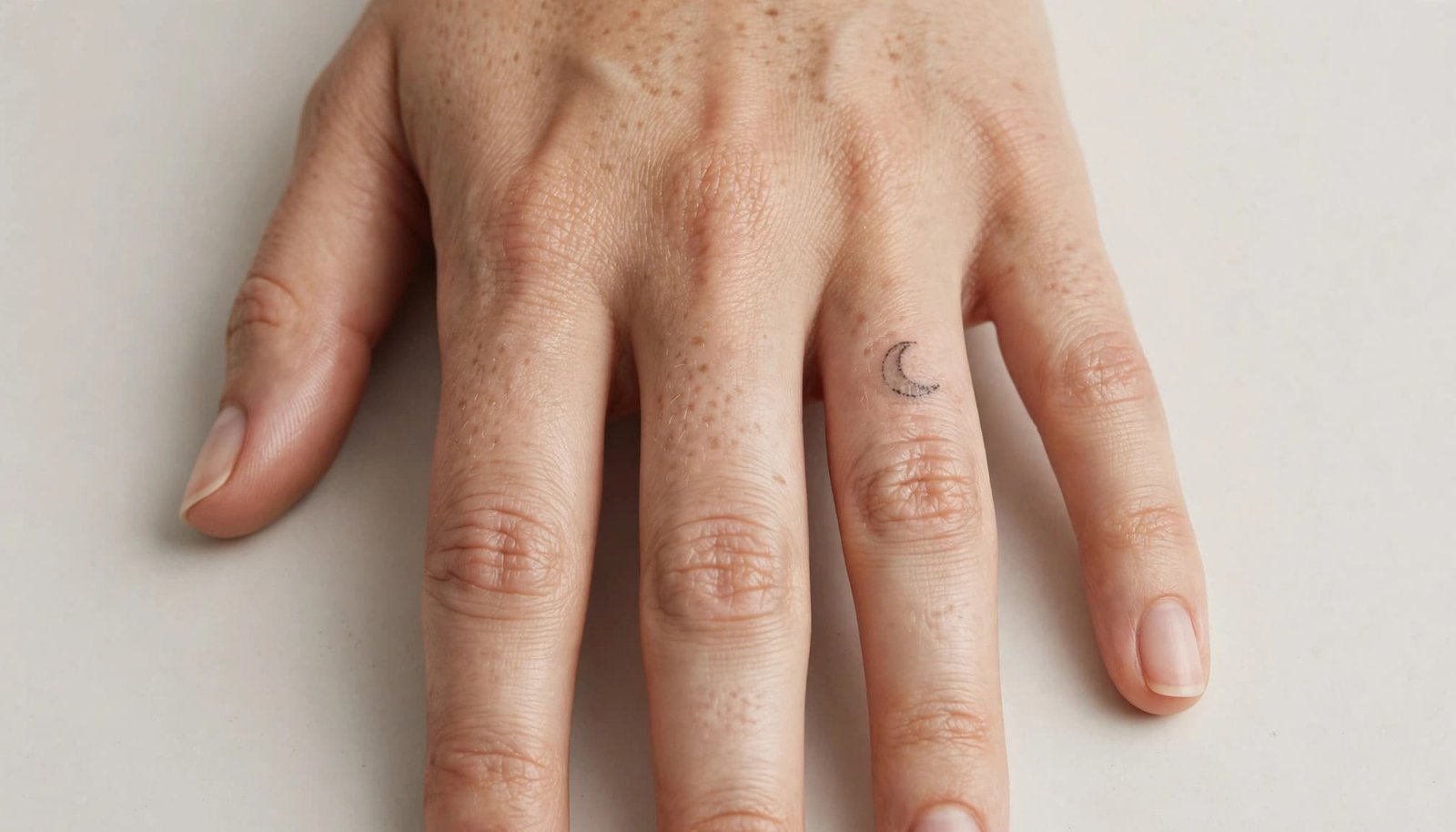 Close-up of a relaxed hand with a small faded finger tattoo.